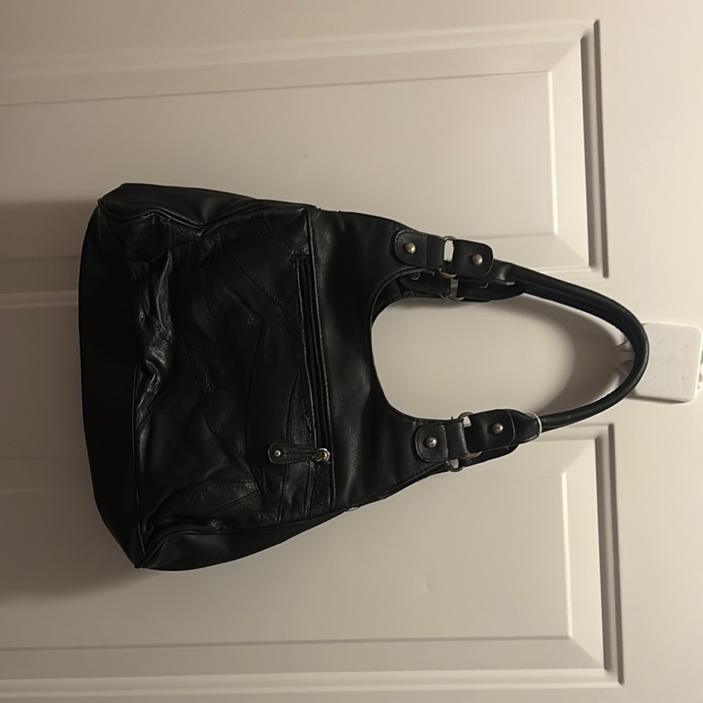Black Leather Hobo Bag with Curved Handle